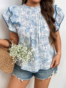 Flirla 大码圆领荷叶边撞色花卉印花短袖衬衫