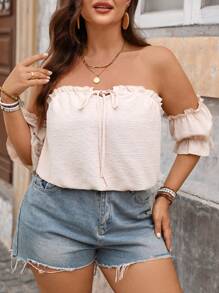 SHEIN Clasi Camisa de manga corta casual off-shoulder de unicolor, minimalista y de moda, adecuada para uso diario - Albaricoque - Ver 3