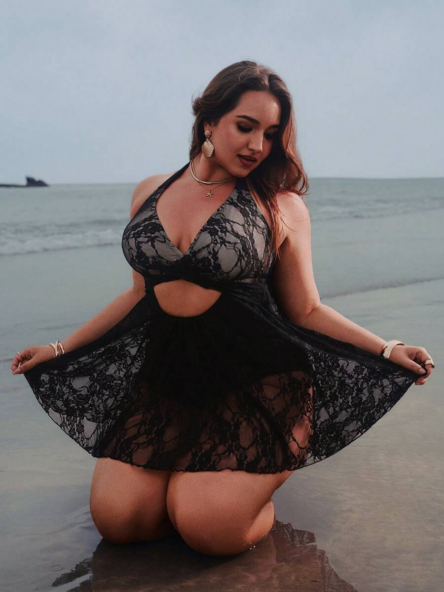 Auralis Conjunto de Roupa de Concerto Country para Tamanhos Grandes, Conjuntos de Verão para Mulheres, Roupas de Praia para Mulheres, Roupas de Férias para Mulheres, Roupas Boho para Mulheres, Roupas de Cruzeiro para Mulheres, Roupas de Férias na Praia para Mulheres, Moda Conservadora, Maiô Único, Saia A-Line Vazada em Renda - Preto - Visão 1