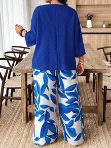 EMERY ROSE Casual Style Plus Size Solid Color Long Sleeve Shirt And Long Pants 2 Pieces Set - Multicolor - View 2