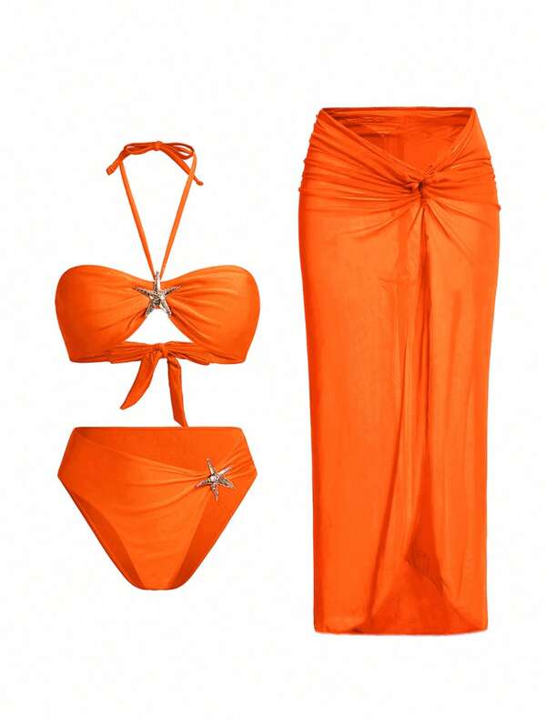 Swim Oasis Asymmetrical Elegant Women Sexy Starfish Decor Halter Bikini Set