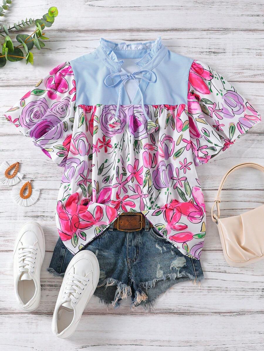 SHEIN LUNE Plus Size Women's Summer Blue And White Striped Patchwork Floral Print Pattern Lace Collar Blouse Women Summer Clothes - Hot Pink - View 1