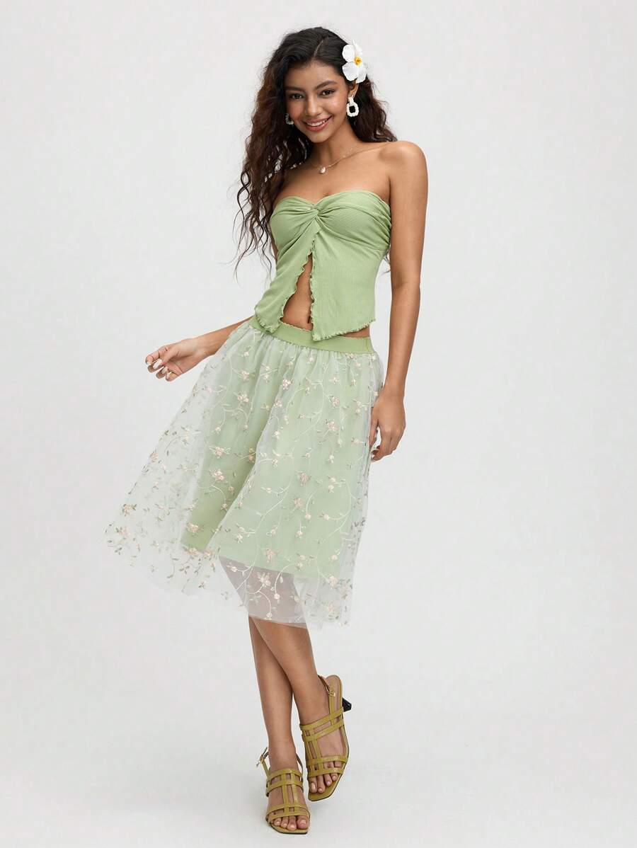 SHEIN MOD Jupe mi-longue en maille verte brodée pour femme, jupe d'été - Vert - Voir 1