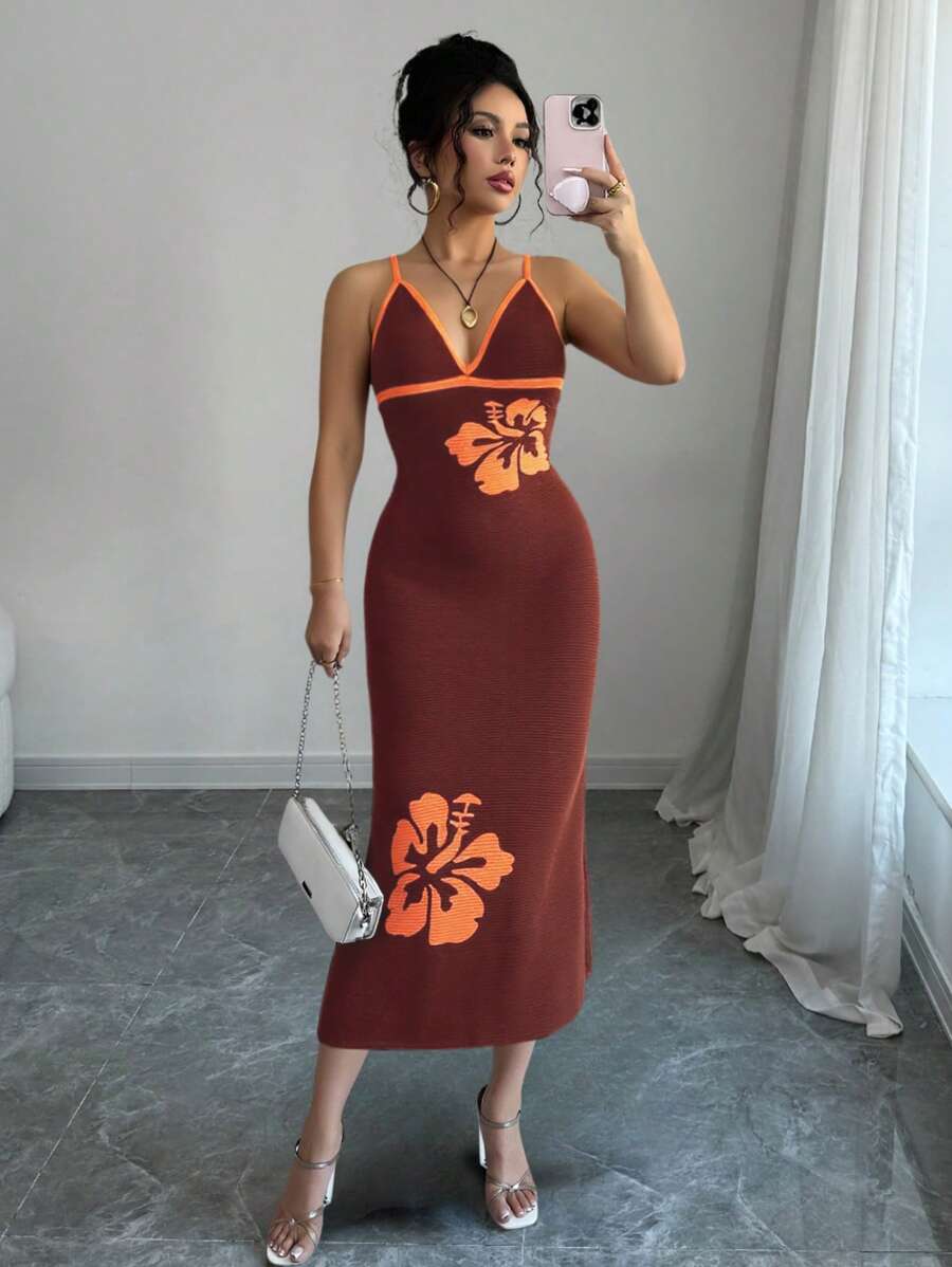Rafferiza 全新夏季欧美风度假海滩性感细肩带V领花卉印花无袖针织女连衣裙 - 咖啡棕 - 查看 1