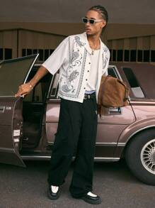 AXEPEAK Short Sleeve Oversized Cropped Digital Print Men's Summer Holiday White Shirt, Streetwear Style