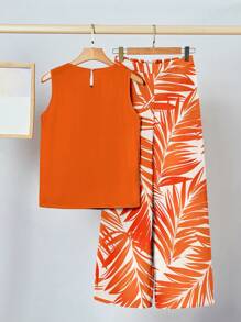 SHEIN Clasi 2pcs/Set Women Orange Printed Pattern Vacation Outfit, Suitable For Summer Summer Outfits For Women Vacation Outfits Woman Classy Outfits For Women Beach Outfits For Woman Summer Outfits For Women Island Vacation Outfits