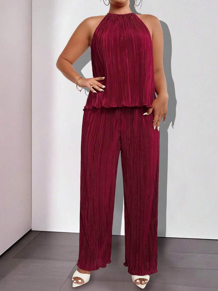 SHEIN Clasi Plus Size 2pcs Set Solid Sleeveless Top And Long Pants - Burgundy - View 1