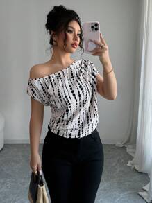 Elenzga Top asimmetrico con maniche a pipistrello, spalle inclinate, con stampa all-over, adatto per appuntamenti, lavoro, vacanze, festività, abbigliamento casual, stile boho per l'estate