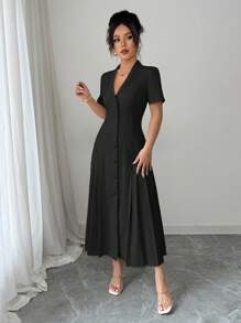 Elenzga 女士春夏法式优雅通勤商务休闲纯色立领纽扣腰喇叭褶短袖长款礼服 - 黑色 - 查看 5