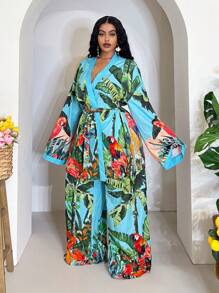 Veslaya 2025 春夏新品音乐节、复活节、西部、波西米亚风、纳什维尔、生日派对、毕业典礼、学生、日常休闲、多功能、休闲、度假、邮轮、海滩、日光浴休闲度假蓝绿色长袖开衫。热带花卉和植物印花宽松上衣/松紧腰裤大码女式两件套 - A - 綠色 - 查看 12