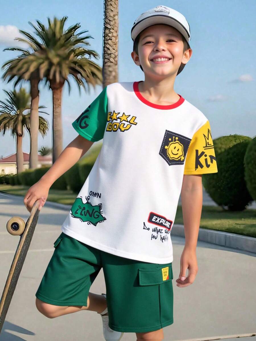 SHEIN 2 Packs Tween Boy Casual Sports College White T-Shirt And Green Shorts Set With Graffiti Multi-Color Stitching Suitable For Kids Outfits Toddler Boy Clothes Back To School Boys Set Suitable For Birthday Parties, Evening Parties, Performances, Weddings, Baptisms, Opening Ceremonies Daily Suitable For Daily Use Suitable For School Suitable For Travel Suitable For Sports Suitable For Spring And Summer Seasons