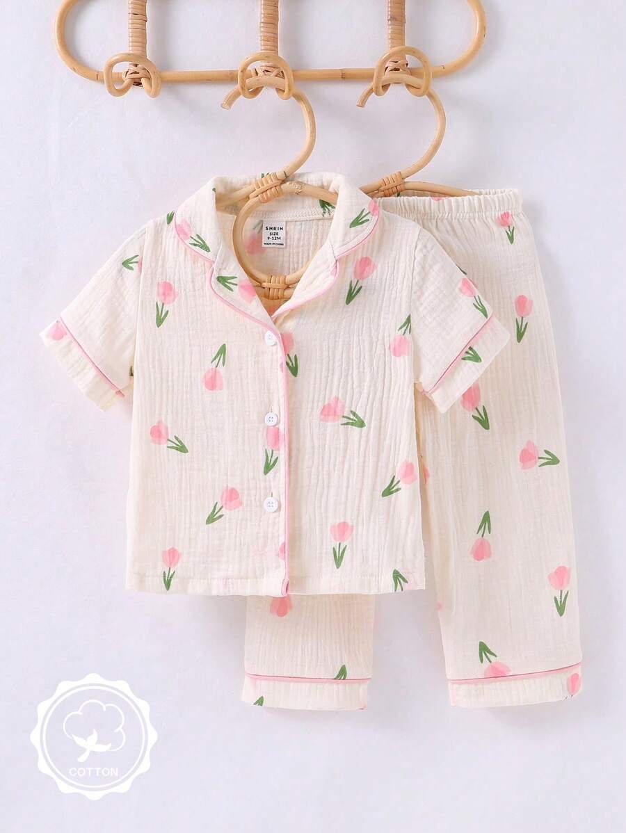 Baby Girls 2pcs/Set Apricot Bunny & Floral Print Open Front Shirt And Casual Pants Soft Loungewear Set - Baby Pink - View 1