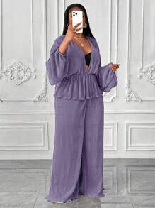 Maweii 2pcs Plus Size Solid Color Lantern Sleeve Top & Long Pants Set - Purple - View 4