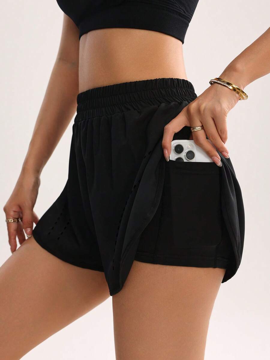 Easithlete Solid Color Sports Shorts, Fashionable For Summer Sweater Shorts - Black - View 1