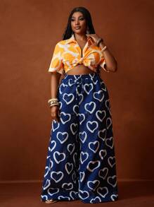 Slaydiva 2025 Spring & Summer Women 2pcs Set Linen Pants & Shirt, Wide Leg Geometric Retro Print Loose Woven Pants + Blouse Suits, Plus SizeSummer Outfits For Women