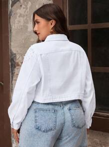 Plus Size Casual Everyday Pearl Button Decor Short Denim Jacket - White - View 2