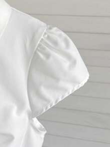 SHEIN Chaqueta corta ajustada con manga corta, cuello y botones para niña preadolescente, estilo universitario, color blanco