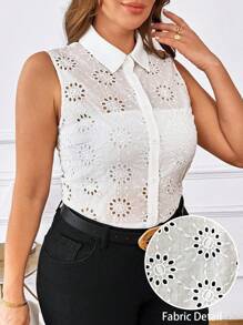 SHEIN Clasi 加大码时尚镂空无袖纽扣领衬衫，商务休闲女装，夏季上衣 - 白色 - 查看 3