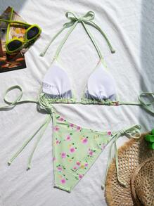 SHEIN Women's Ditsy Floral Halter Neck Tie Back Triangle Bikini Set, Suitable For Beach Holiday - Green - View 2