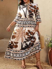 SHEIN Holidaya Plus Size Women V-Neck Lace-Up Contrast Design Holiday Dress - Black - View 3