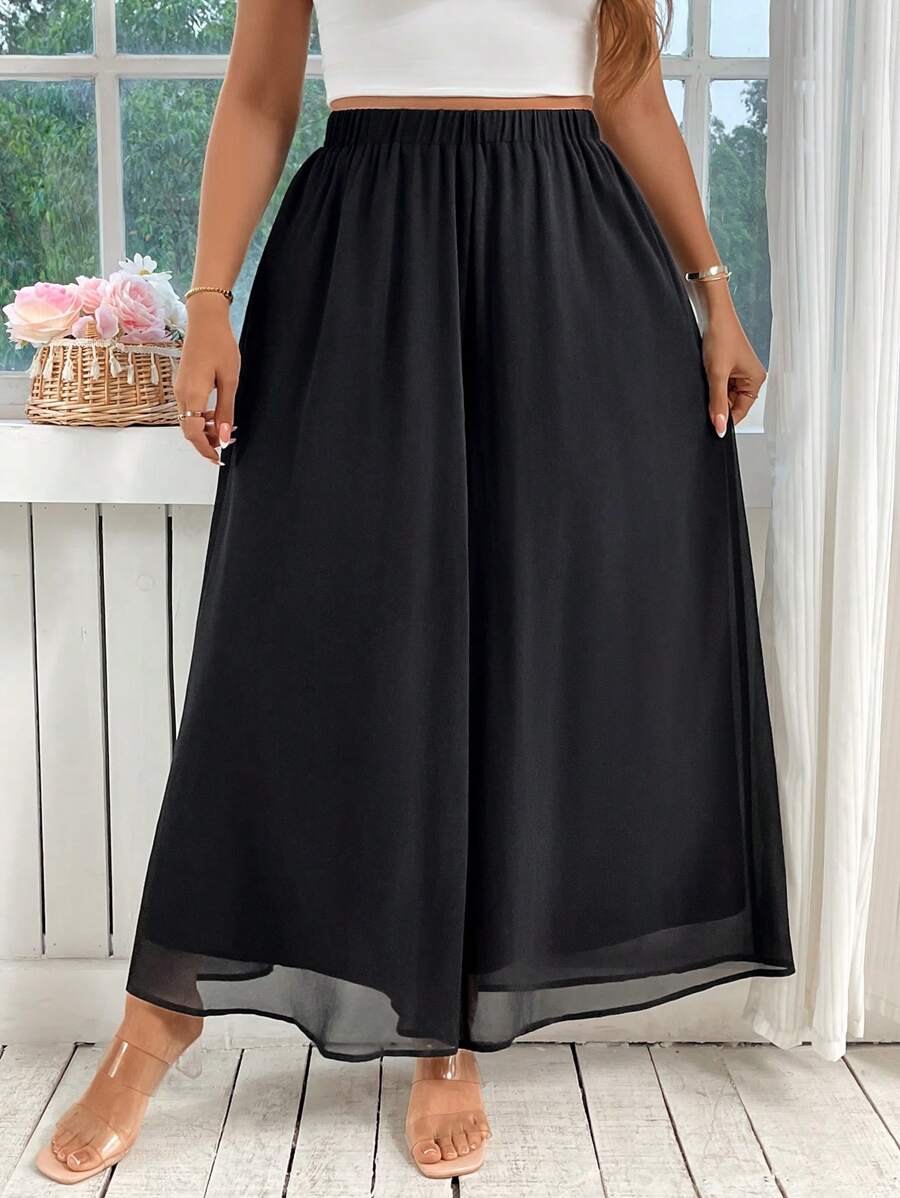 Calvaya Quần ống rộng bằng vải chiffon co giãn màu trơn cỡ lớn cho nữ, thích hợp mặc hàng ngày, đi làm và đi nghỉ - màu đen - Xem 1