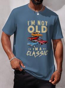 Manfinity Homme Plus Size Men's Casual Car Logo Printed T-Shirt, Summer - Dusty Blue - View 1