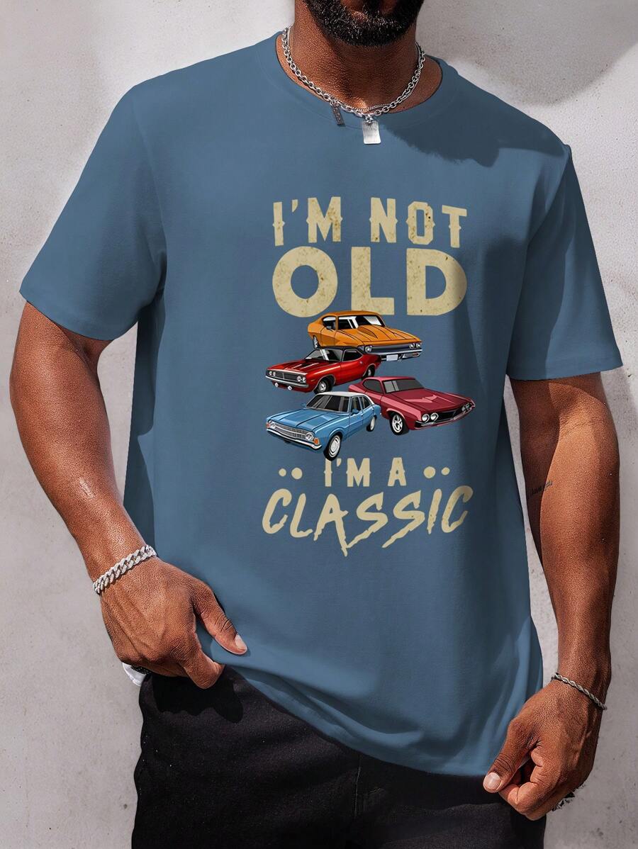 Manfinity Homme Plus Size Men's Casual Car Logo Printed T-Shirt, Summer - Dusty Blue - View 1