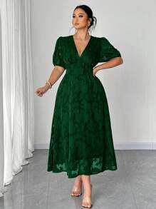 Elenzga Plus Size Women V-Neck Short Puff Sleeve Textured Elegant A-Line Dress, Summer - Green - View 4