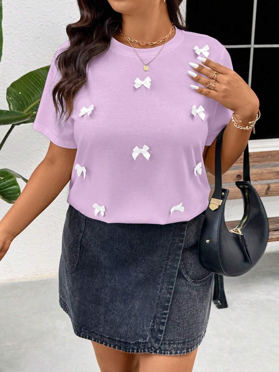 SHEIN Frenchy Plus Size Solid Color Round Neck T-Shirt With Bowknot Decor, Fashionable For Summer - Lilac Purple - View 1