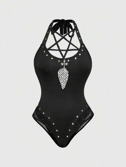 Body gothique style été plage avec décorations métal clou étoile, col en résille épissé élastique pour femmes