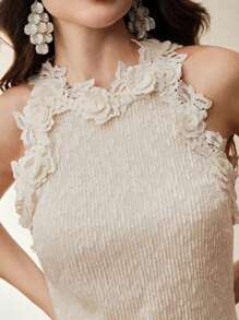 Anewsta 女士优雅3D花卉装饰插肩袖杏色性感修身圆领纹理蕾丝衬衫