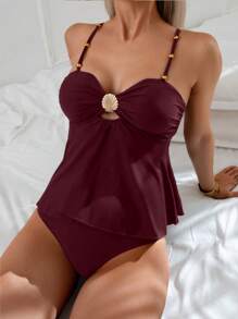 Swim Chiccia 2 件套女士优雅度假卡其色贝壳金属串珠短款上衣和细肩带比基尼套装，沙滩装 - 酒紅色 - 查看 3