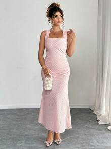 Elenzga Plus Size Women Square Neck Solid Color Sleeveless Summer Elegant Dress - Pink - View 5