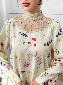 Yasmyna 女式花卉印花立领优雅长袖阿拉伯连衣裙 - 淡黃色 - 查看 5
