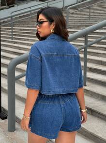 SHEIN ICON 夏季宽松时尚牛仔外套，适合夏天 - 藍色 - 查看 2