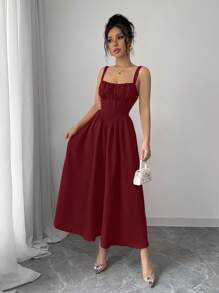 Rafferiza 女款红色纯色情人节度假休闲连衣裙荷叶边前系带蝴蝶结可爱优雅吊带后背不对称腰部修身A字下摆2025夏季新款长裙 - 酒紅色 - 查看 7