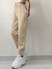 RueChic Cotton Solid Drawstring Waist Sweatpants - Beige - View 3