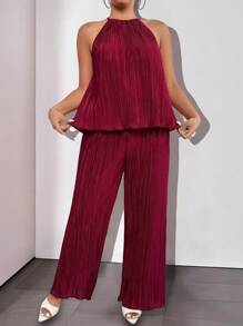 SHEIN Clasi Plus Size 2pcs Set Solid Sleeveless Top And Long Pants - Burgundy - View 6