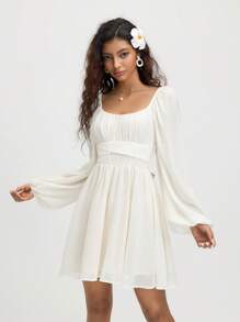 SHEIN MOD Abito corto estivo da donna in chiffon color albicocca con fiocco e maniche a lanterna