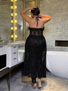 Flirla Plus Size Przezroczysty Kardigan Z Wycięciami Na Ramionach, Odsłonięte Plecy, Wiązanie przy Szyi I Falbaniasty Obszycie, Seksowny Top Damski - Czarne - Zobacz 8