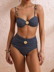 Swim Chiccia 2 件波尔卡圆点印花黑白拼色女士比基尼泳装套装，沙滩装