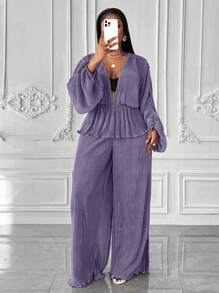 Maweii 2pcs Plus Size Solid Color Lantern Sleeve Top & Long Pants Set - Purple - View 1