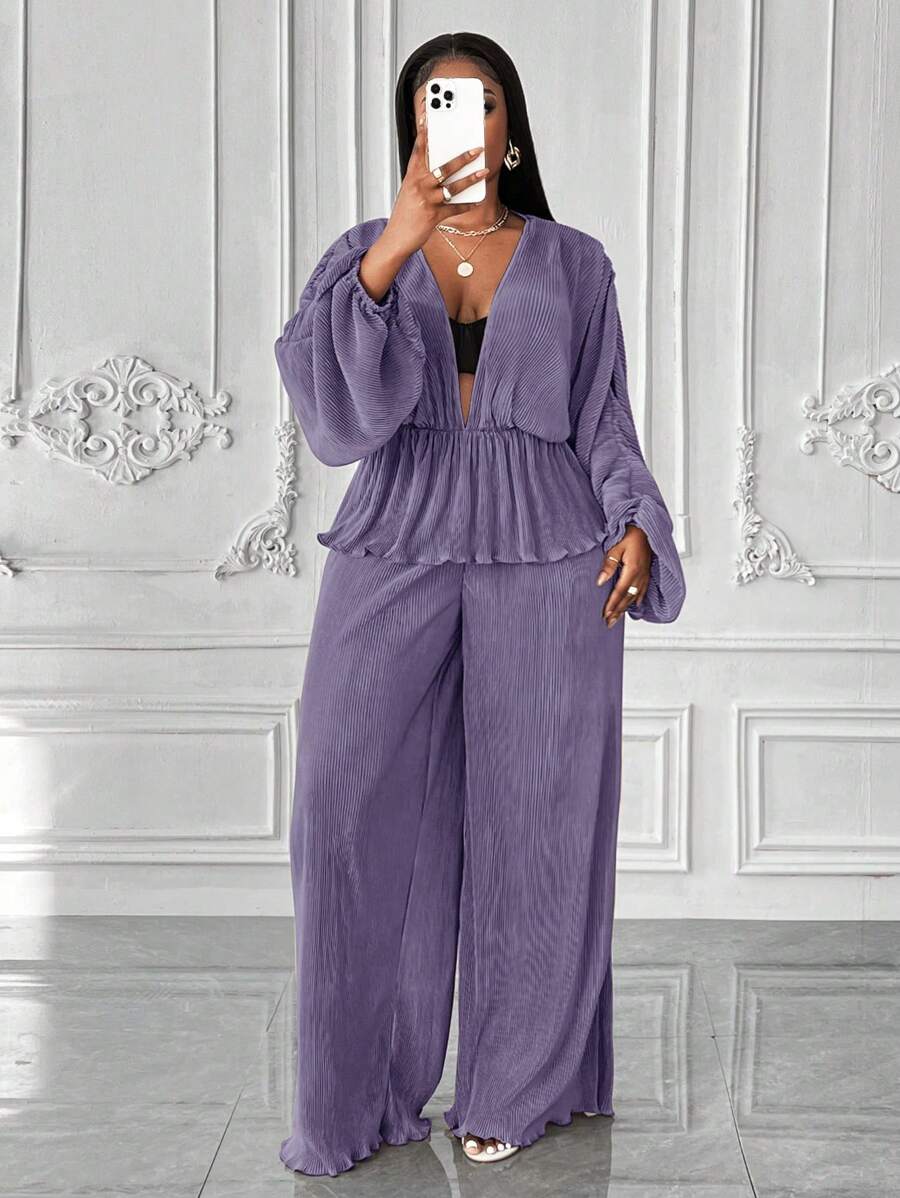 Maweii 2pcs Plus Size Solid Color Lantern Sleeve Top & Long Pants Set - Purple - View 1