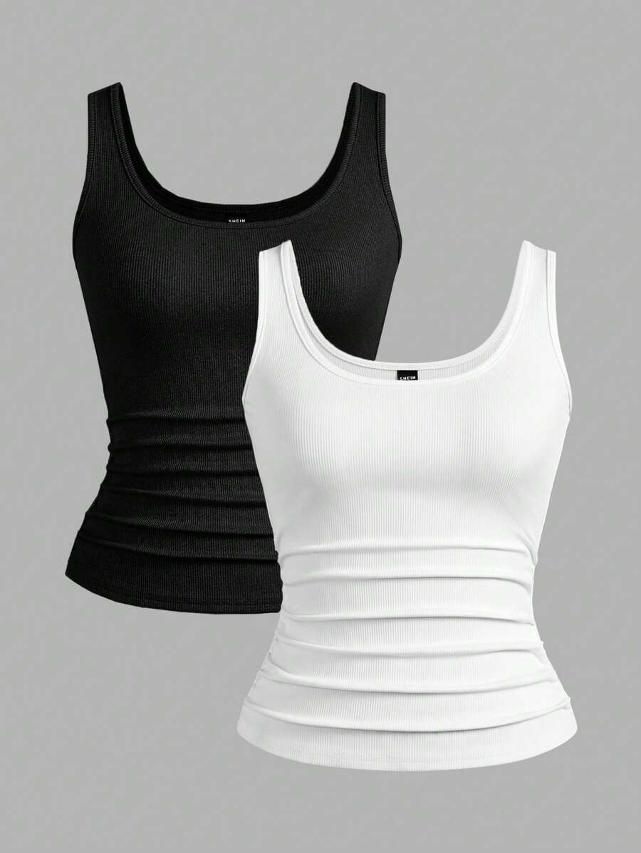 Slaydiva Multi-Pack Basic Slip Cami Top, Narrow Ribbed V-Neck Tank For Women, Black & White, Casual