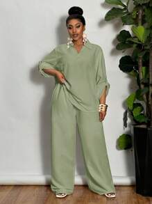 Slaydiva Casual Everyday/Vacation, Loose Solid White 3/4 Sleeve Shirt With V-Neck And Straight Leg Pants, Woven Sheer Fabric, Women Plus Size 2 Pieces Set - B,Business Casual Woman,Teacher Outfits For Women - Green - View 3