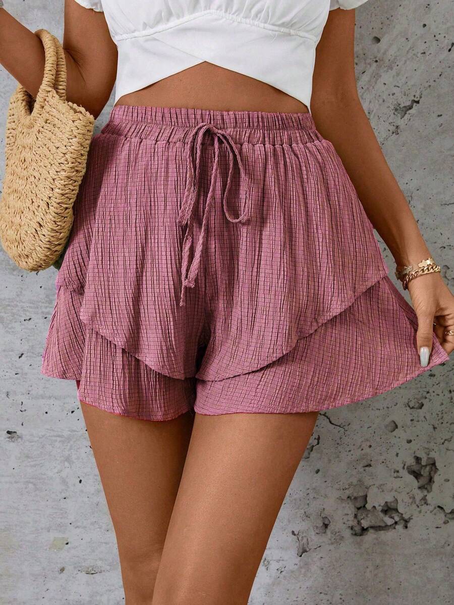 SHEIN LUNE Quần short ống rộng màu trơn buộc eo viền bèo nhún cho nữ - Gỗ đỏ - Xem 1