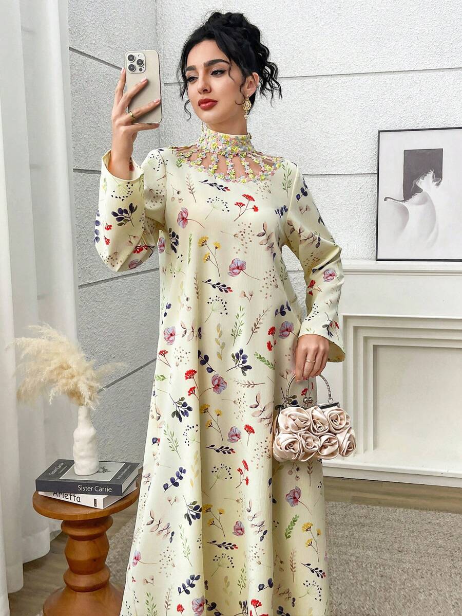 Yasmyna 女式花卉印花立领优雅长袖阿拉伯连衣裙 - 淡黃色 - 查看 1