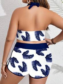 Swim Vcay Plus Size Women's Tropical Plant Print Halter Neck Bikini Set - Multicolor - View 2