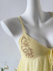 Sweetra Sexy V-Neck Drawstring Embroidered Floral Sweet Casual Camisole Top, Spring/Summer - Yellow - View 4