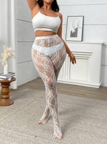 Celure Women Plus Size Elegant White Lace Knit Leggings - White - View 4